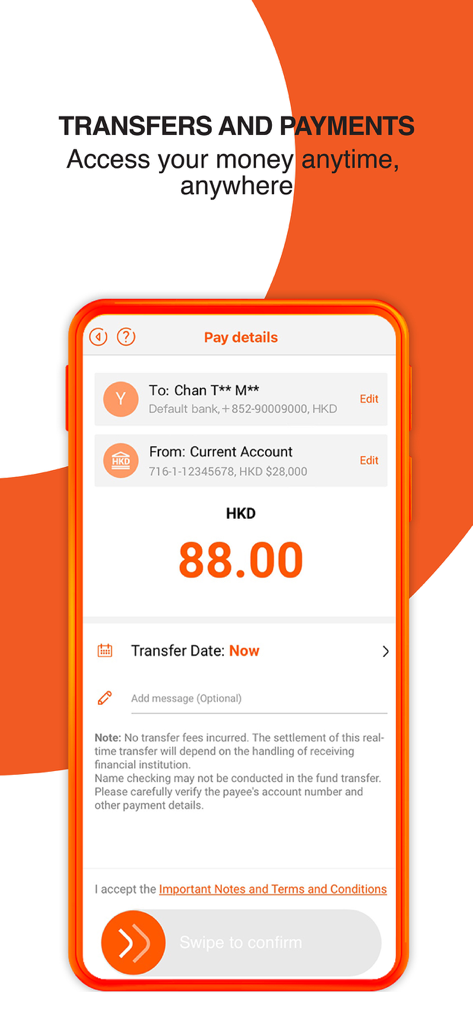 88 홍콩 달러 송금에 대한 결제 세부 정보를 보여주는 모바일 애플리케이션 인터페이스