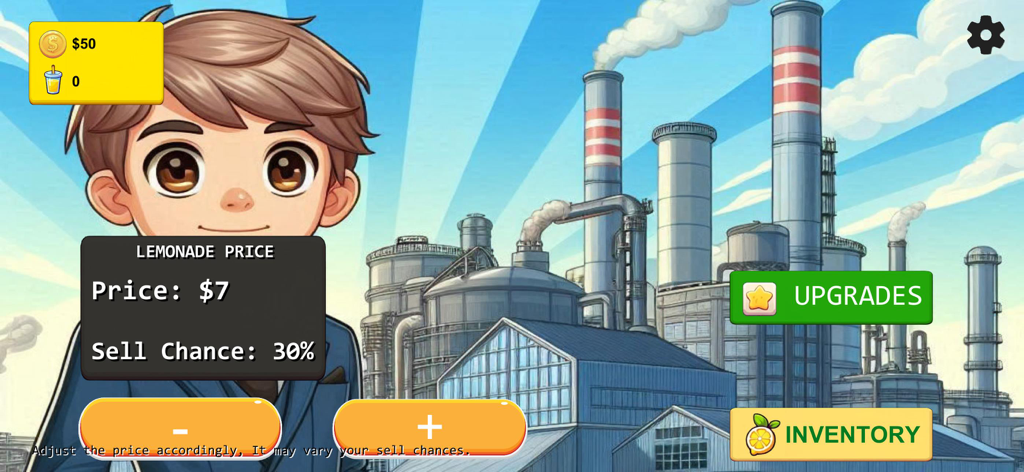 Lemonade Business Tycoon - Gameplay screen of Lemonade Business Tycoon showing the price adjustment interface with a factory background