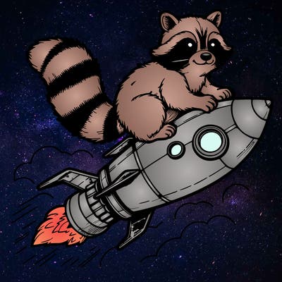 realistic raccoon flying on top rocket ship