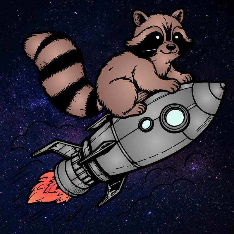 realistic raccoon flying on top rocket ship