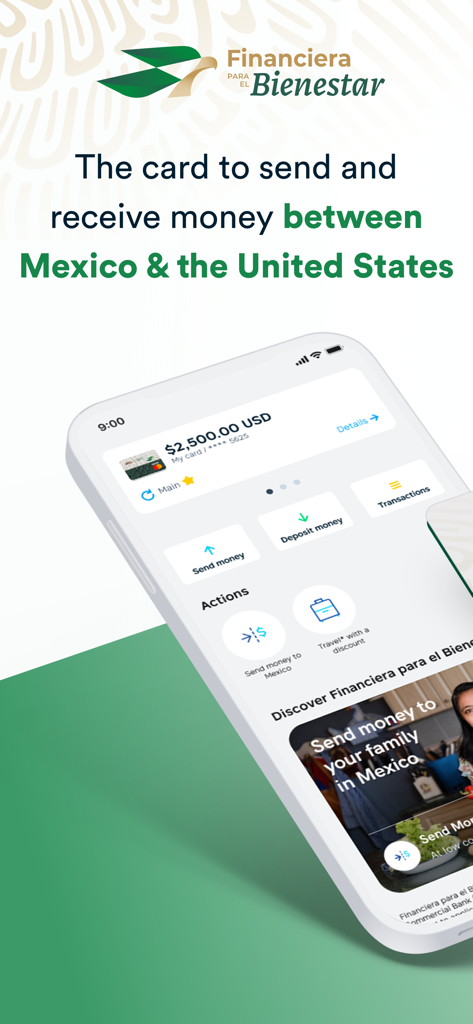 Oberfläche der App Financiera para el Bienestar zeigt Optionen für Geldüberweisungen zwischen Mexiko und den Vereinigten Staaten.