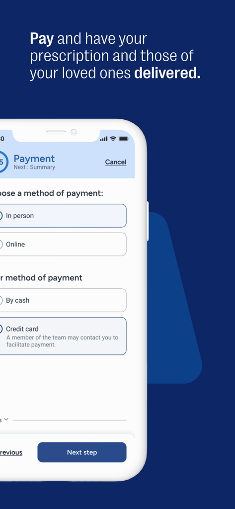 Jean Coutu Santé - Payment options for prescription delivery on the Jean Coutu Santé app