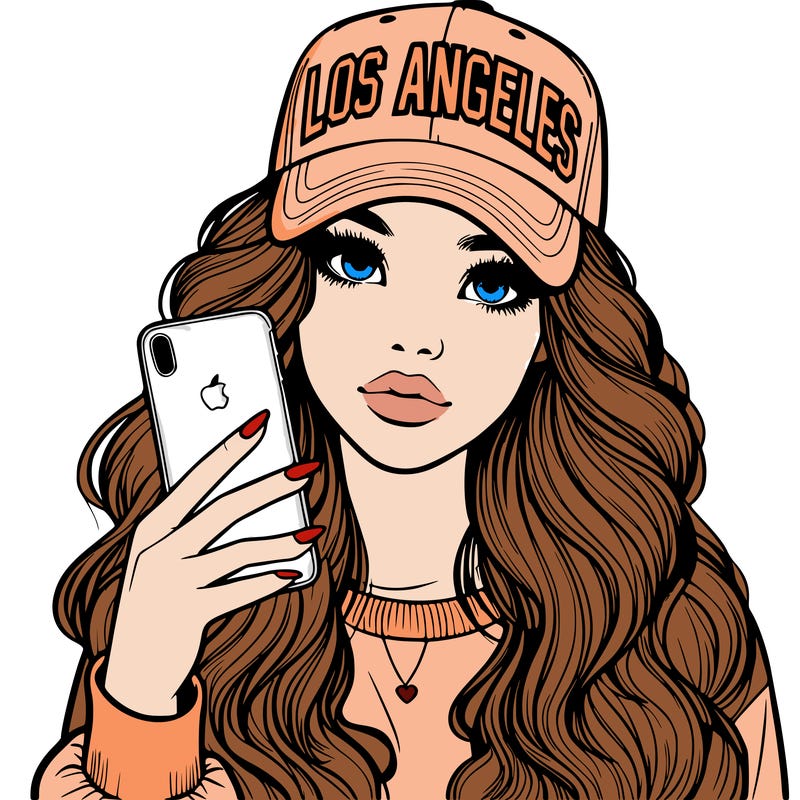 realistic beautiful girl wearing los ángeles cap holding an iphone