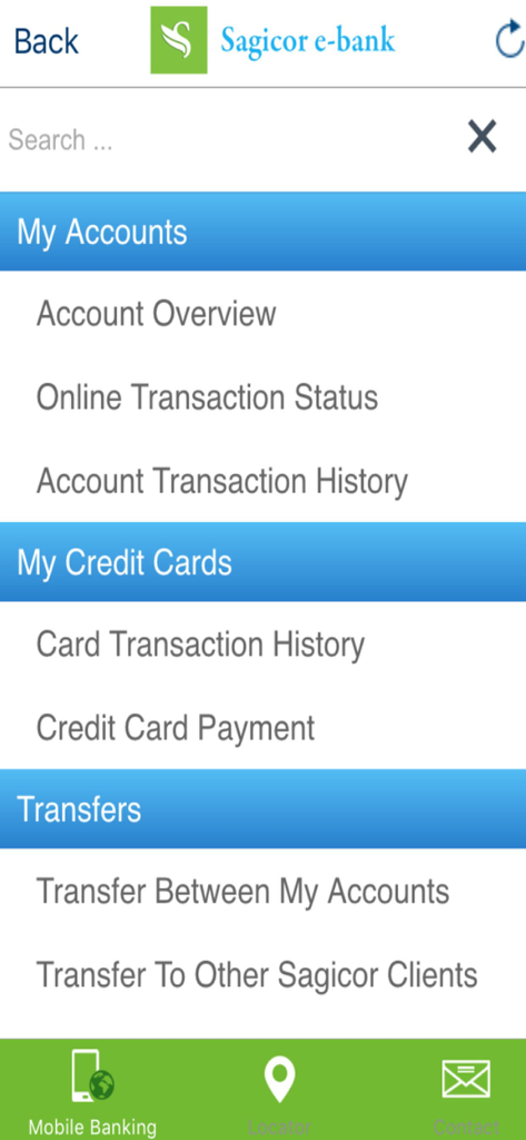 Sagicor Jamaica eBank app interface showing accounts and transfers menu