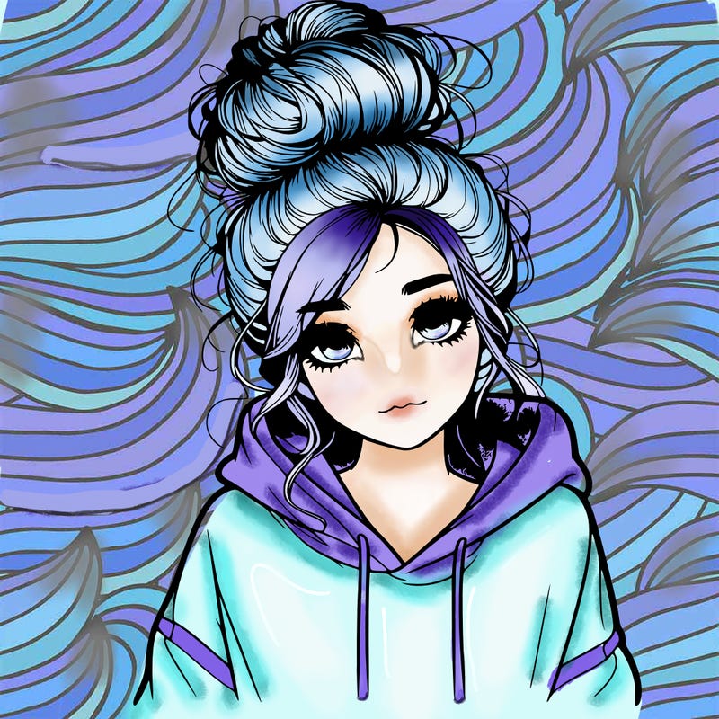 realistic girl with a massy bun and a hoodie