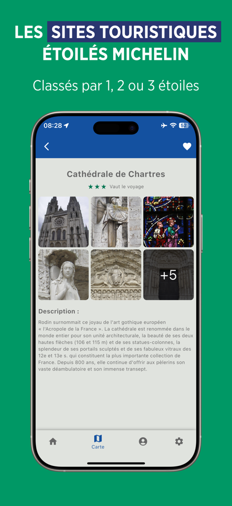 Michelin Maps Europe - Aplicación Michelin Maps Europe mostrando la calificación de 3 estrellas y detalles de la Catedral de Chartres.