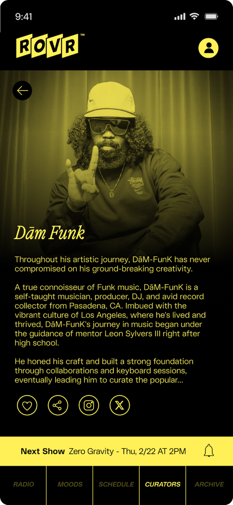 ROVR - Radio Reinvented - The ROVR app curator profile screen highlighting musician Dam-Funk with a yellow and black theme.