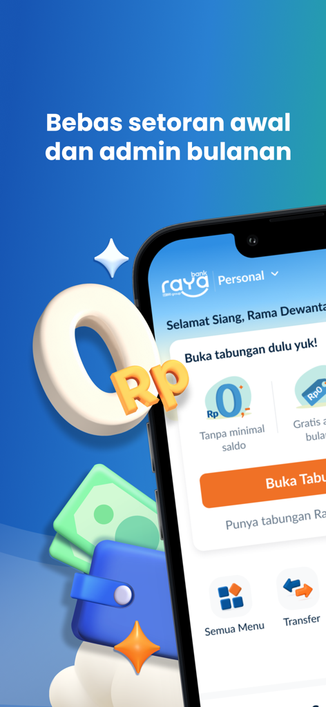 Raya Digital Bankアプリのインターフェース。初期預金ゼロと月額管理手数料ゼロを強調しています。