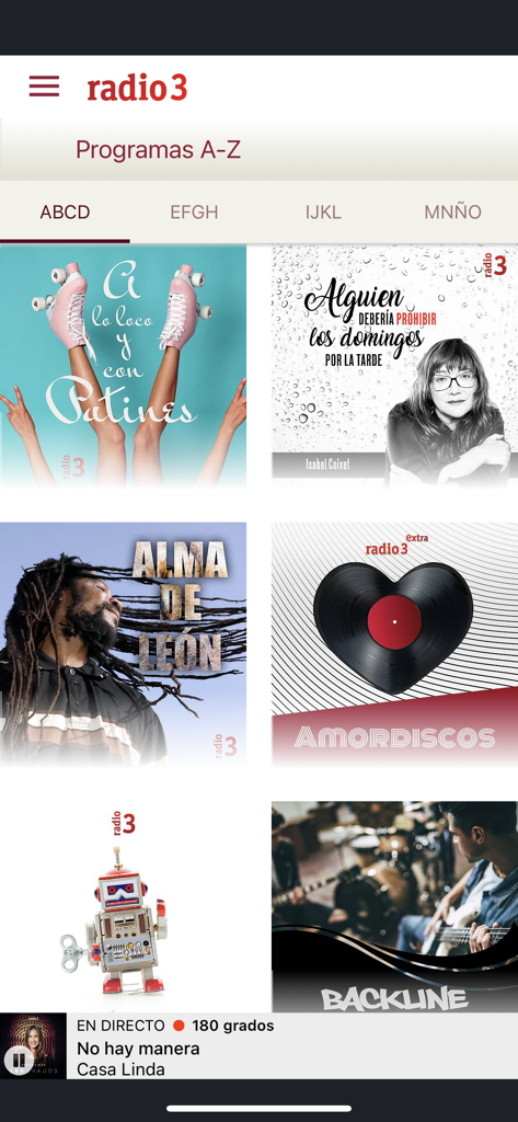 Radio 3 - Interfaz de la app móvil Radio 3 mostrando una lista alfabética de programas de música y cultura con imágenes artísticas de portada.