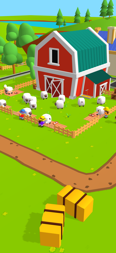 A red barn and sheep enclosure with workers in My Farming Empire