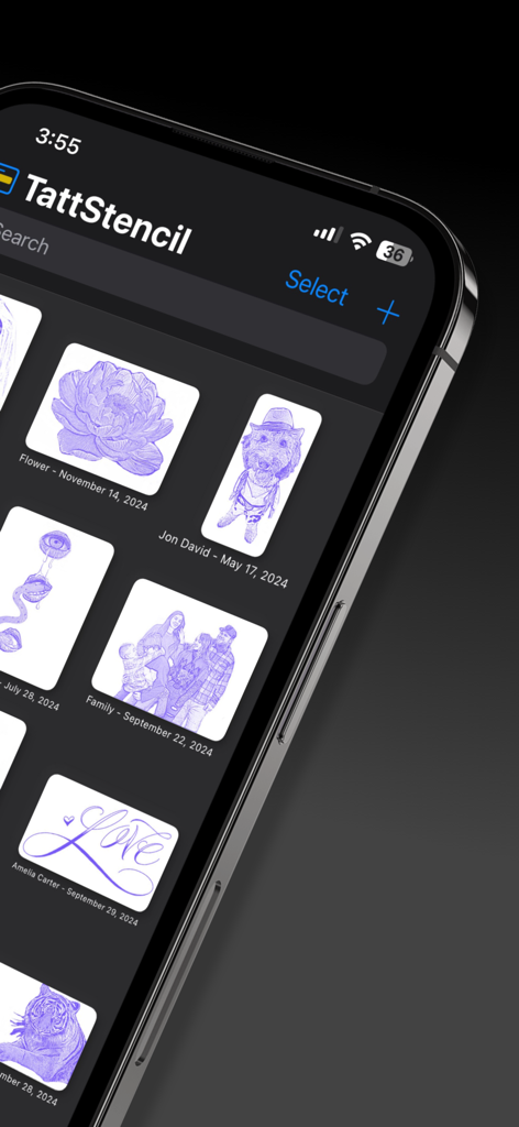 TattStencil • Tattoo Stencil - A mobile phone screen displaying the TattStencil app gallery with a grid of saved blue-toned tattoo stencil designs