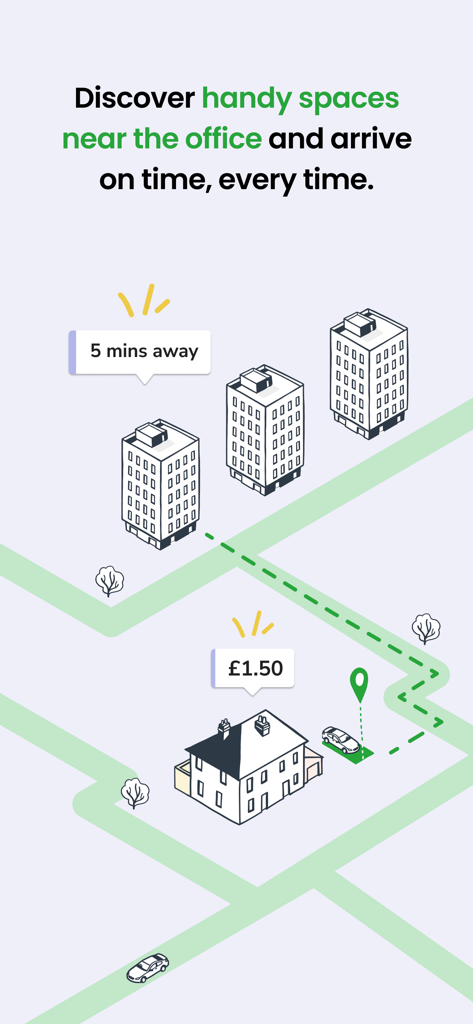 JustPark Parking - Isometric illustration of finding and booking a parking space near the office using JustPark