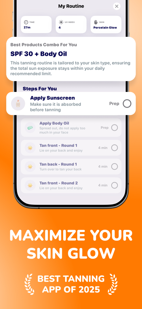 Sunkissed – SPF Tanning App - Smartphone screen displaying a personalized tanning routine in the Sunkissed app with SPF recommendations and timed tanning rounds.