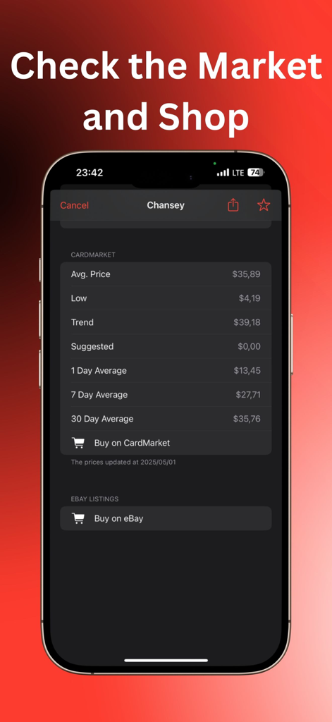 TCG Card Scanner for Pokemon + - Mobile app interface showing real time market price statistics and shopping links for a Pokemon card