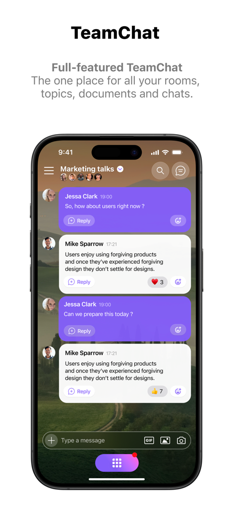 IceWarp mobile App TeamChat-Oberfläche mit einem professionellen Gruppen-Chat in einem Marketingraum