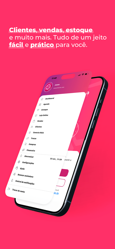 Empresária Online - Tela do smartphone mostrando o menu de navegação lateral do aplicativo Empresária Online com opções de vendas, clientes e gerenciamento de estoque.