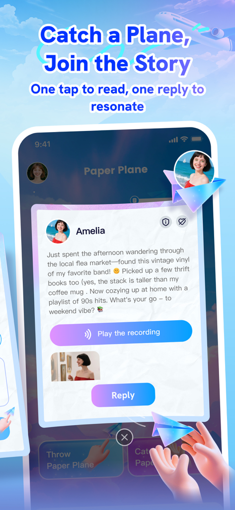 Fyla: Fly, Chat & Play - Una captura de pantalla de la app Fyla que muestra un mensaje social recibido a través de una función de avión de papel virtual