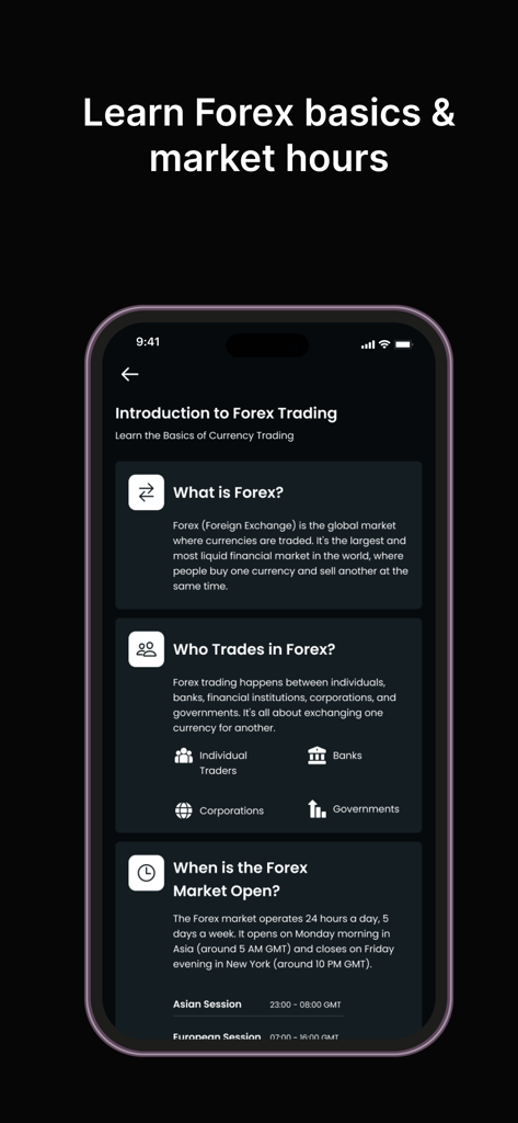Forex Signals Tracking - Live - Schermata dell'app mobile che mostra un'introduzione alle basi del trading forex, incluse definizioni di mercato e orari di negoziazione.