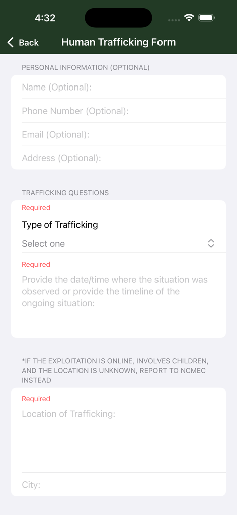 Sumter County Sheriff's Office - Sumter County Sheriff's Office mobile app human trafficking reporting form with optional personal information and mandatory incident details