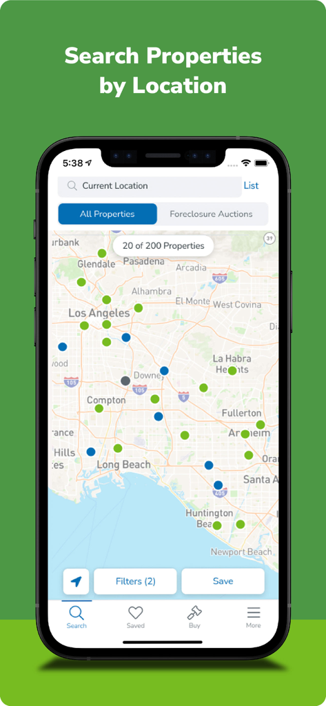 Auction.com - Homes for Sale - Auction.com app screenshot showing property search on an interactive map of Los Angeles.