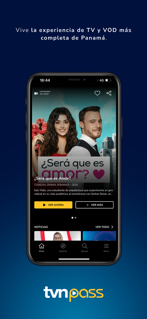 Interfaz de la aplicación móvil TVN Pass mostrando una serie de drama romántico bajo demanda con opciones de ver ahora.