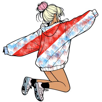 realistic girl jumping with a bun and oversized sweatshirt