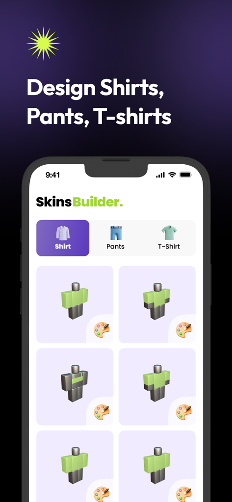 Skins Maker for RBLX - Uma captura de tela do aplicativo Skins Maker para RBLX mostrando a interface de design de camisa e calça com vários modelos de avatar.