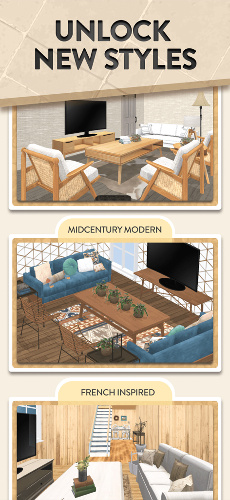 House Flip - A screenshot from the House Flip app showcasing different interior design styles including Midcentury Modern and French Inspired living rooms