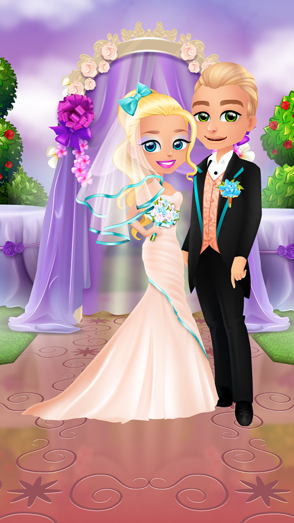 Ava Grows Up - Makeup, Makeover, Dressup Girl Game - Cartoon bride and groom standing at a decorated wedding altar in the Ava Grows Up mobile game