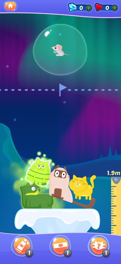 Cat Stack - A colorful stack of cute cartoon cats on an icy platform with a starry night background