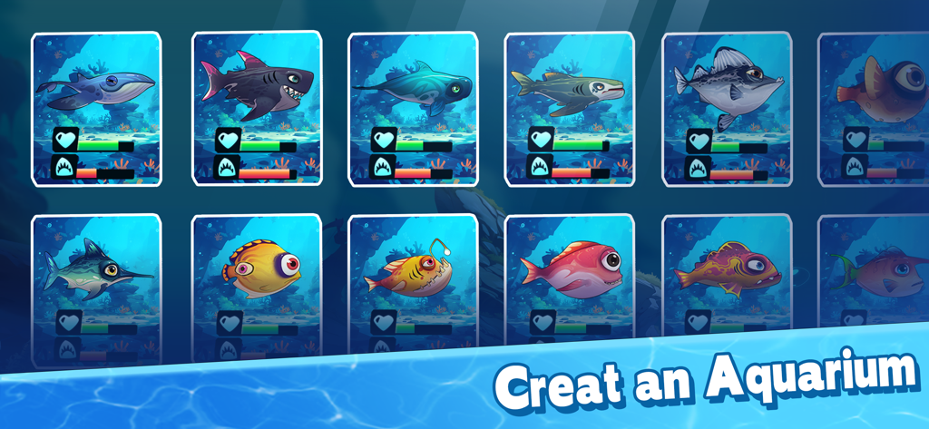 A collection grid of various fish species with health and attack stats from the Fish Eat Fish io game