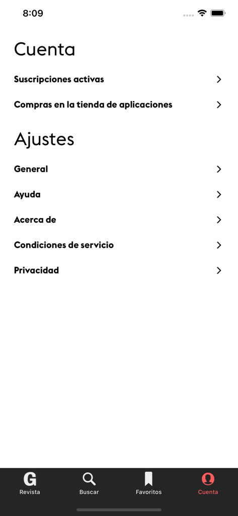 Pantalla del menú de configuración de cuenta y suscripción de la aplicación móvil Glamour España