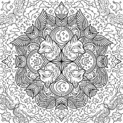 Dive into the mystique of the night with this captivating coloring page featuring wise foxes intertwined with celestial mandalas. Discover a world of starry skies, crescent moons, and graceful owls waiting for your creative touch.