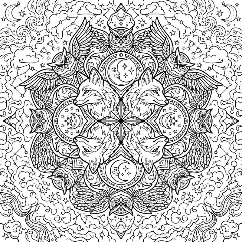 Dive into the mystique of the night with this captivating coloring page featuring wise foxes intertwined with celestial mandalas. Discover a world of starry skies, crescent moons, and graceful owls waiting for your creative touch.