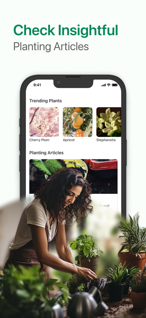 Identify My Plant Now - Mobile app interface showing trending plants and gardening articles.
