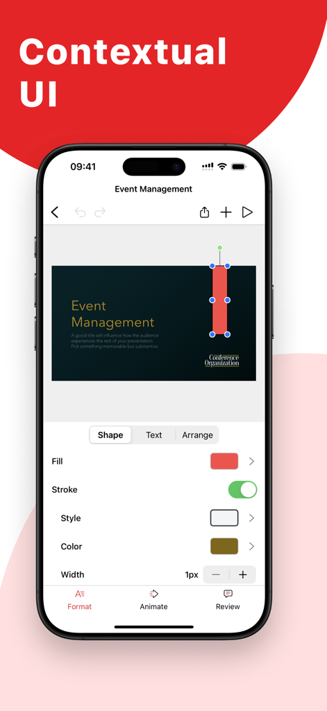 Interface do aplicativo móvel Zoho Show mostrando ferramentas de formatação contextual para editar slides de apresentação