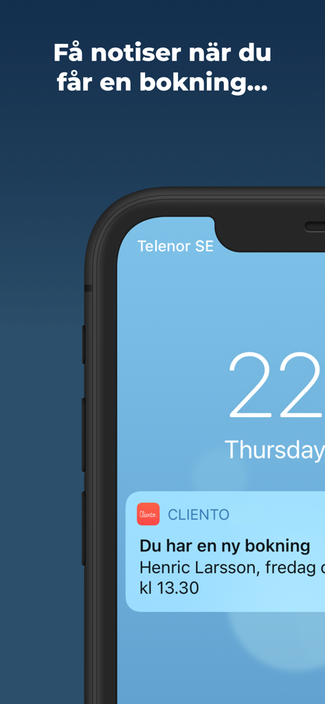 Cliento - Smartare bokningar - Schermata di blocco dell'iPhone che mostra una notifica di nuovo appuntamento dall'app Cliento