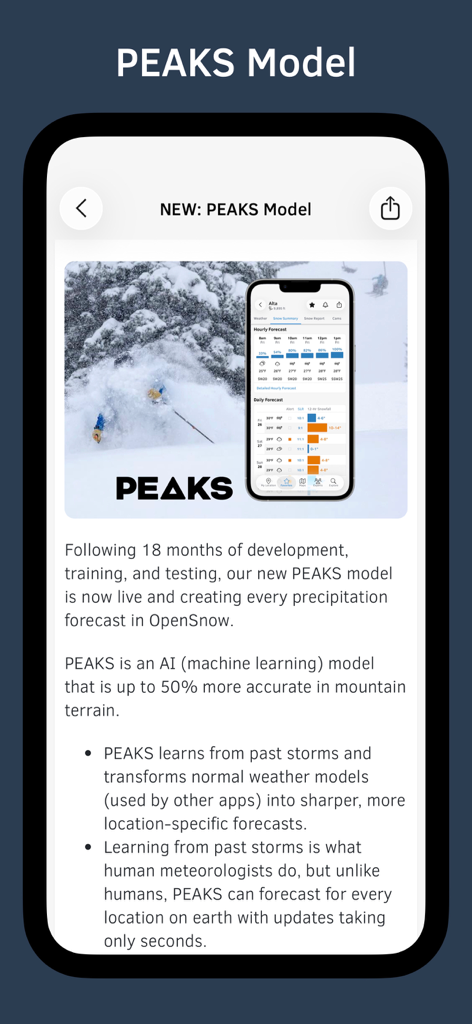 Pantalla de la aplicación OpenSnow que explica el modelo meteorológico PEAKS AI para pronósticos precisos del terreno montañoso