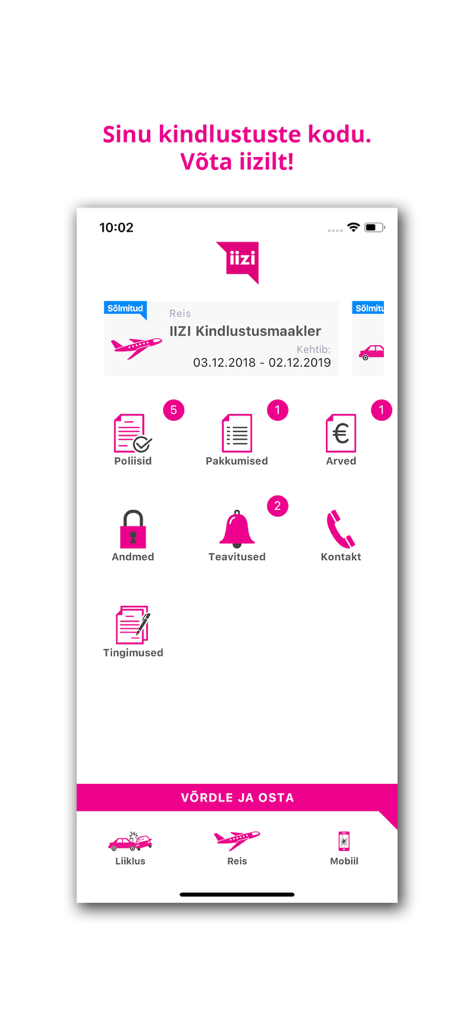 IIZI - Main menu of the IIZI insurance app showing policy management, offers, and travel insurance categories