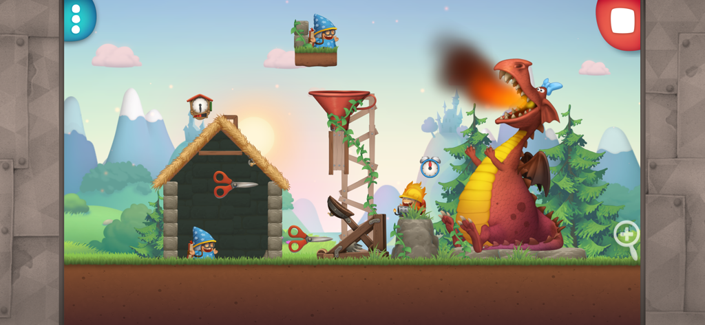 Inventioneers Full Version - A physics puzzle gameplay scene from Inventioneers featuring a fire-breathing dragon and creative mechanical contraptions