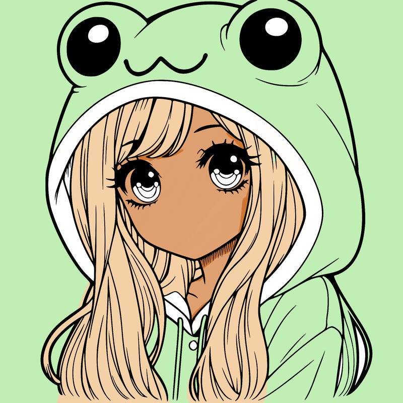 a pretty girl wearing a frog hoodie portrait with long hair
