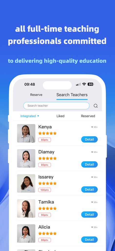 CampusTop app interface showing a list of professional full-time teachers with their ratings and profiles.