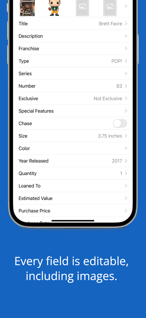 iCollect Vinyl Figures: Funko - Captura de pantalla de la aplicación iCollect que muestra un registro detallado y editable para una figura de vinilo Funko Pop, incluyendo campos para valor y cantidad.