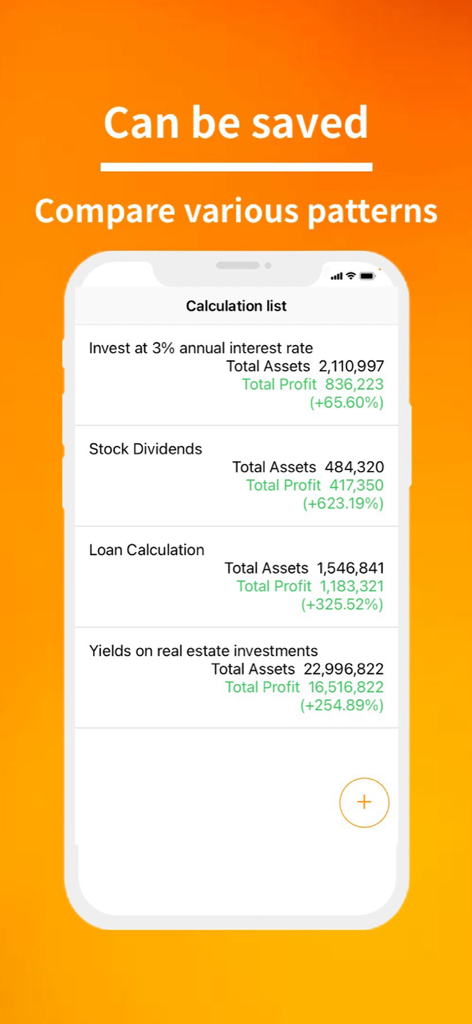 Compound Interest Calculator. - Una pantalla móvil que muestra una lista de cálculos financieros guardados para comparar escenarios de inversión.