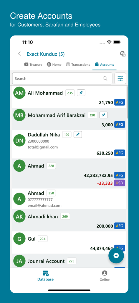 Ecrã da aplicação móvel mostrando uma lista de contas comerciais com nomes de clientes e saldos em várias moedas