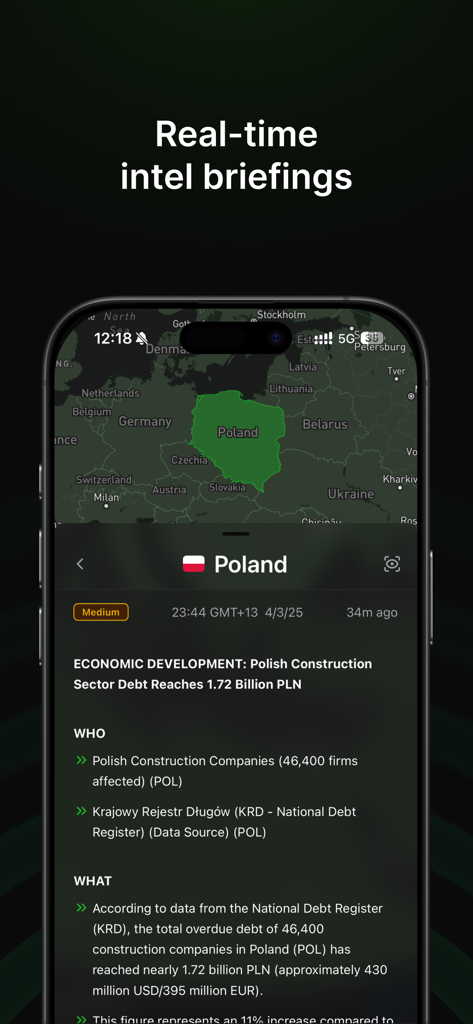 SITREP app screenshot showing a real-time intelligence briefing for Poland with an interactive map.