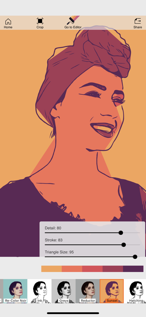 Imaengine app interface showing a portrait of a woman edited with a sunset-colored vector filter and adjustment sliders.