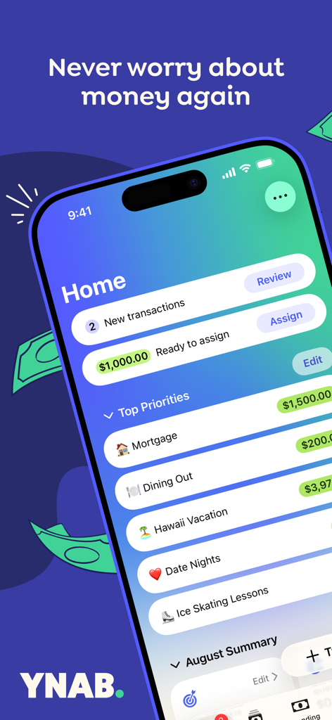 YNAB mobile app home screen showing budget categories and funds ready to assign
