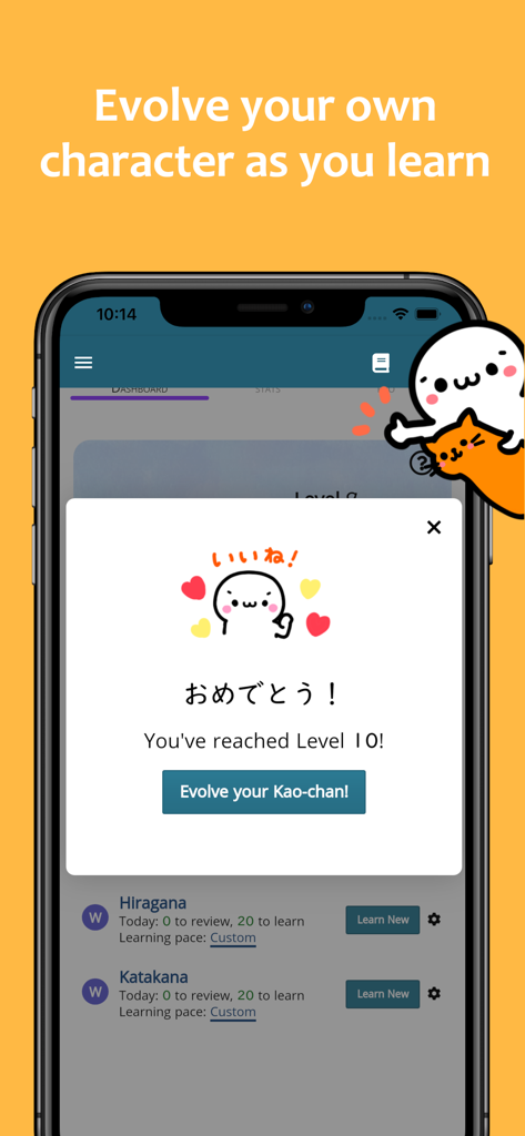 renshuu - Japanese learning - The renshuu app interface showing a level 10 milestone and character evolution option.