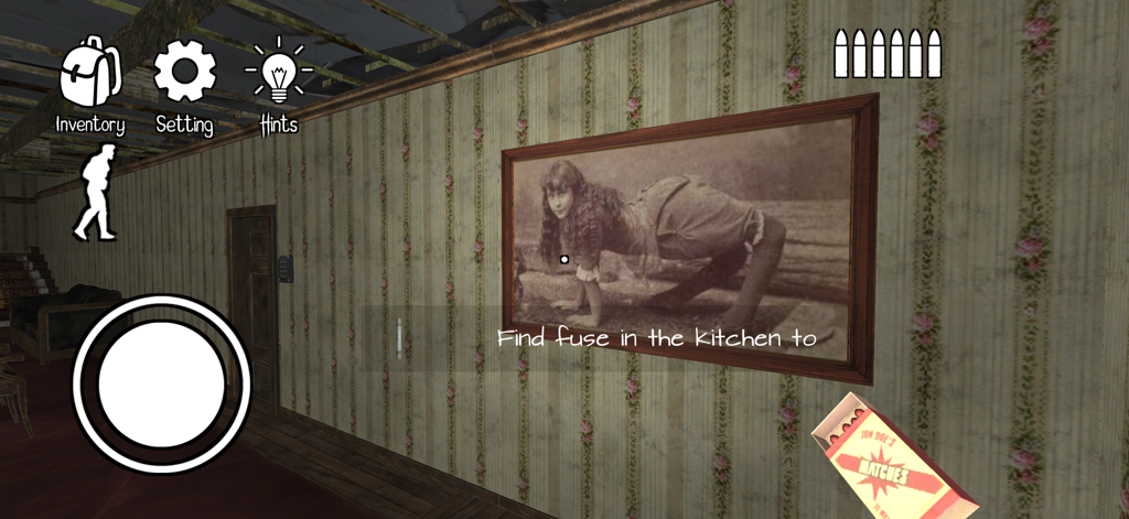 First person view of a hallway in Horror Clown game with a mission objective to find a fuse and a matchbox in the players hand